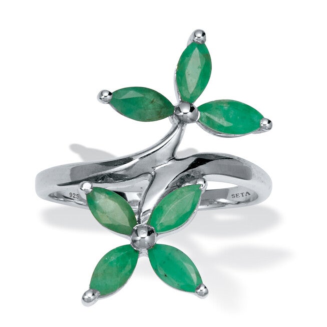 2.10 TCW Marquise Cut Genuine Green Emerald Sterling Silver Floral Ring, GREEN, hi-res image number null