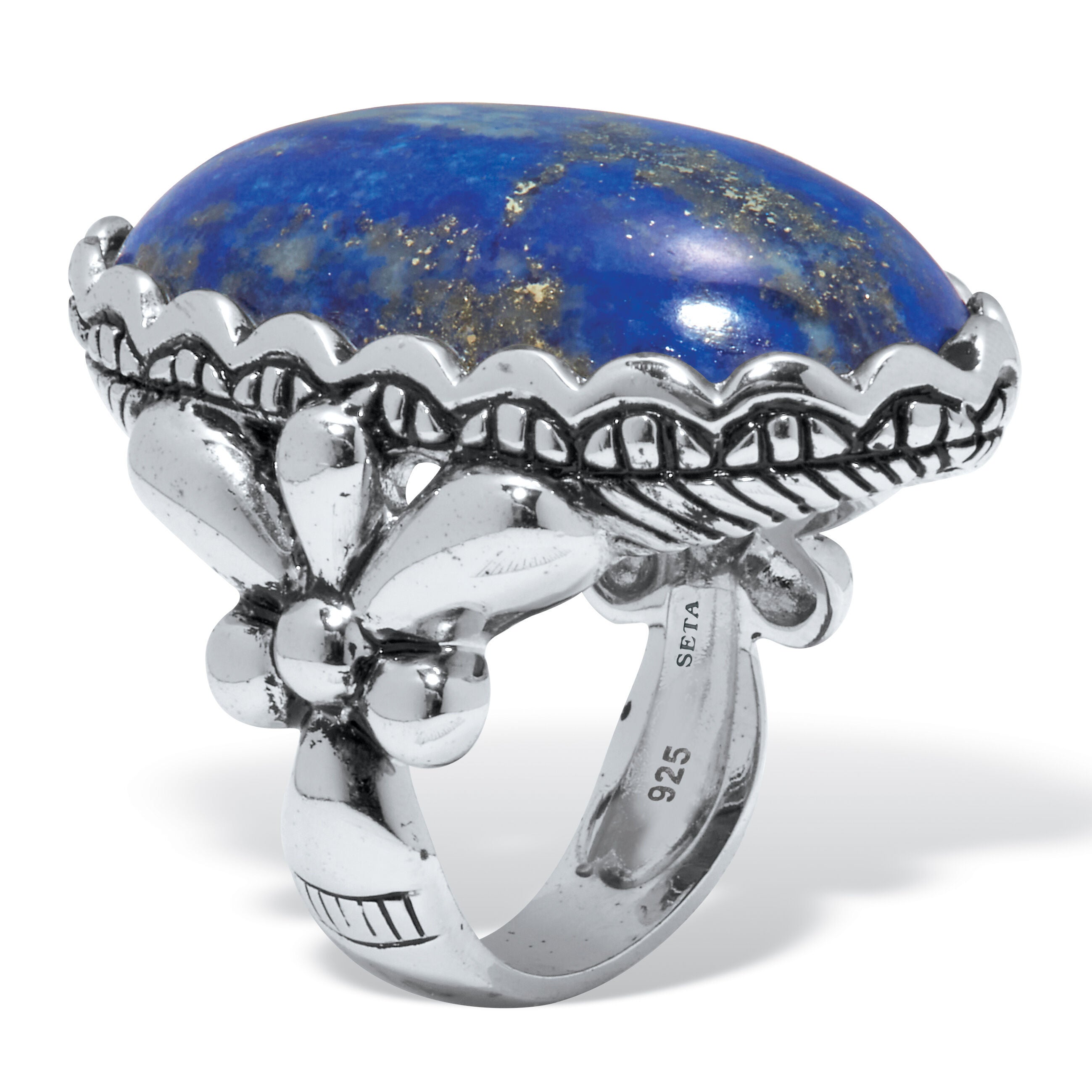 Oval Shaped Genuine Blue Lapis Sterling Silver Ring, BLUE, on-hover image number 1