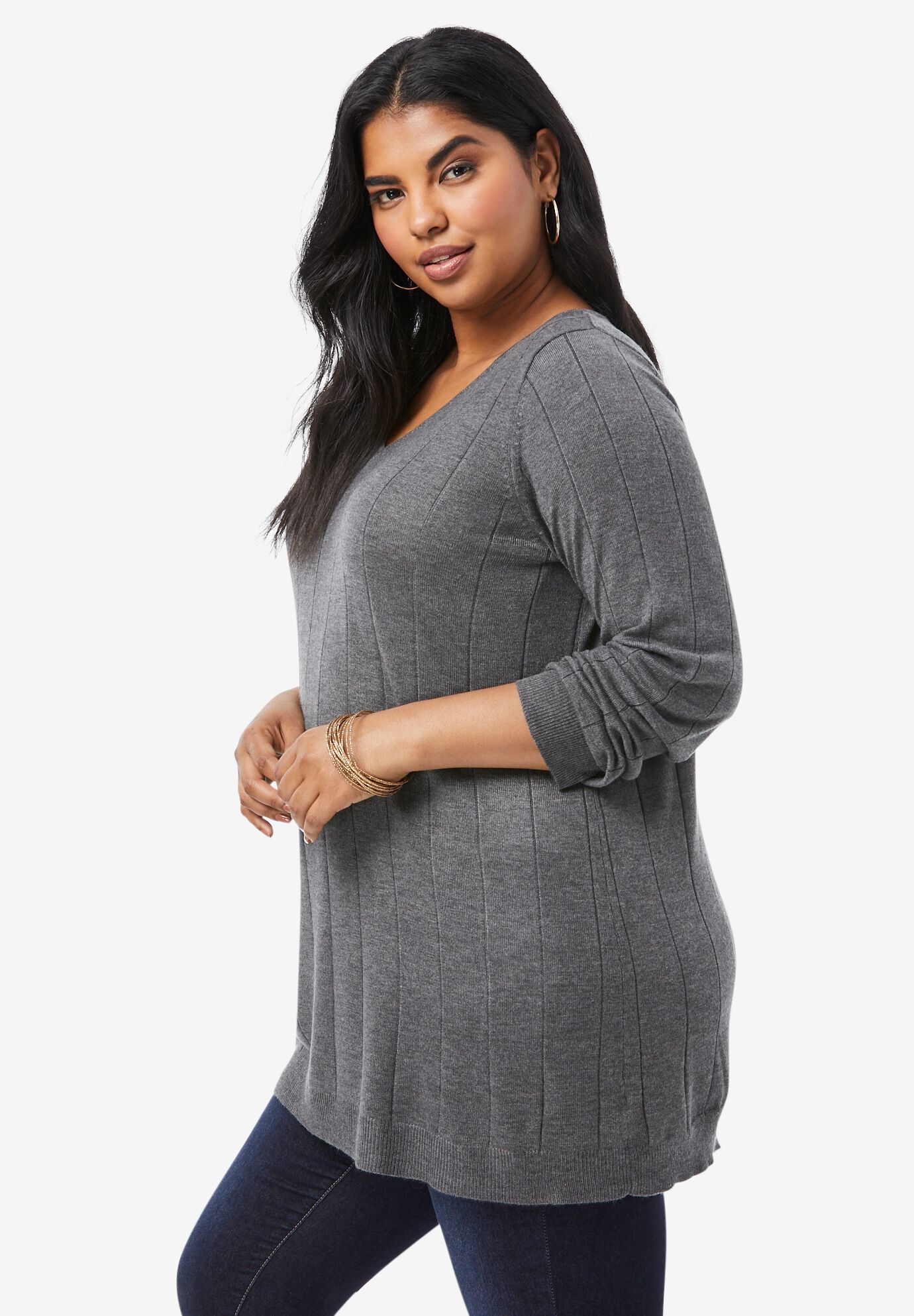 Plus Size Drop Needle V-Neck Lightweight Sweater Knit, , on-hover image number 1