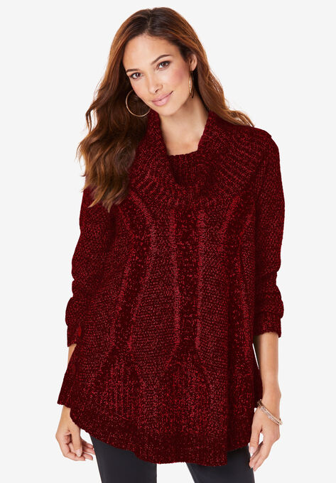 Cowl Neck Cable Pullover, VIVID RED RICH BURGUNDY, hi-res image number null