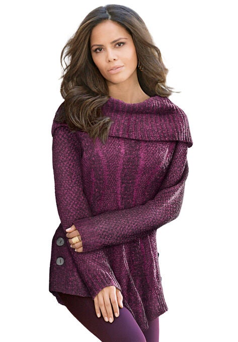 Cowl Neck Cable Pullover, VIVID RED RICH BURGUNDY, hi-res image number null