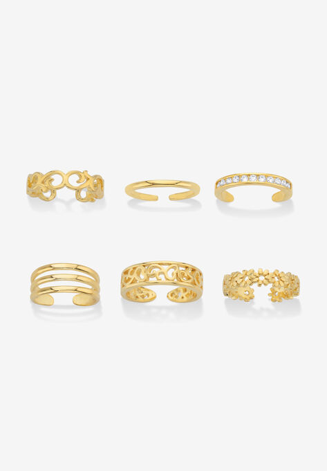 Goldtone Crystal Filigree and Floral 6-Piece Adjustable Toe Ring Set, GOLD, hi-res image number null