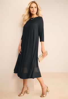 Plus Size 3/4 Sleeve Mesh Inset Boatneck Dress