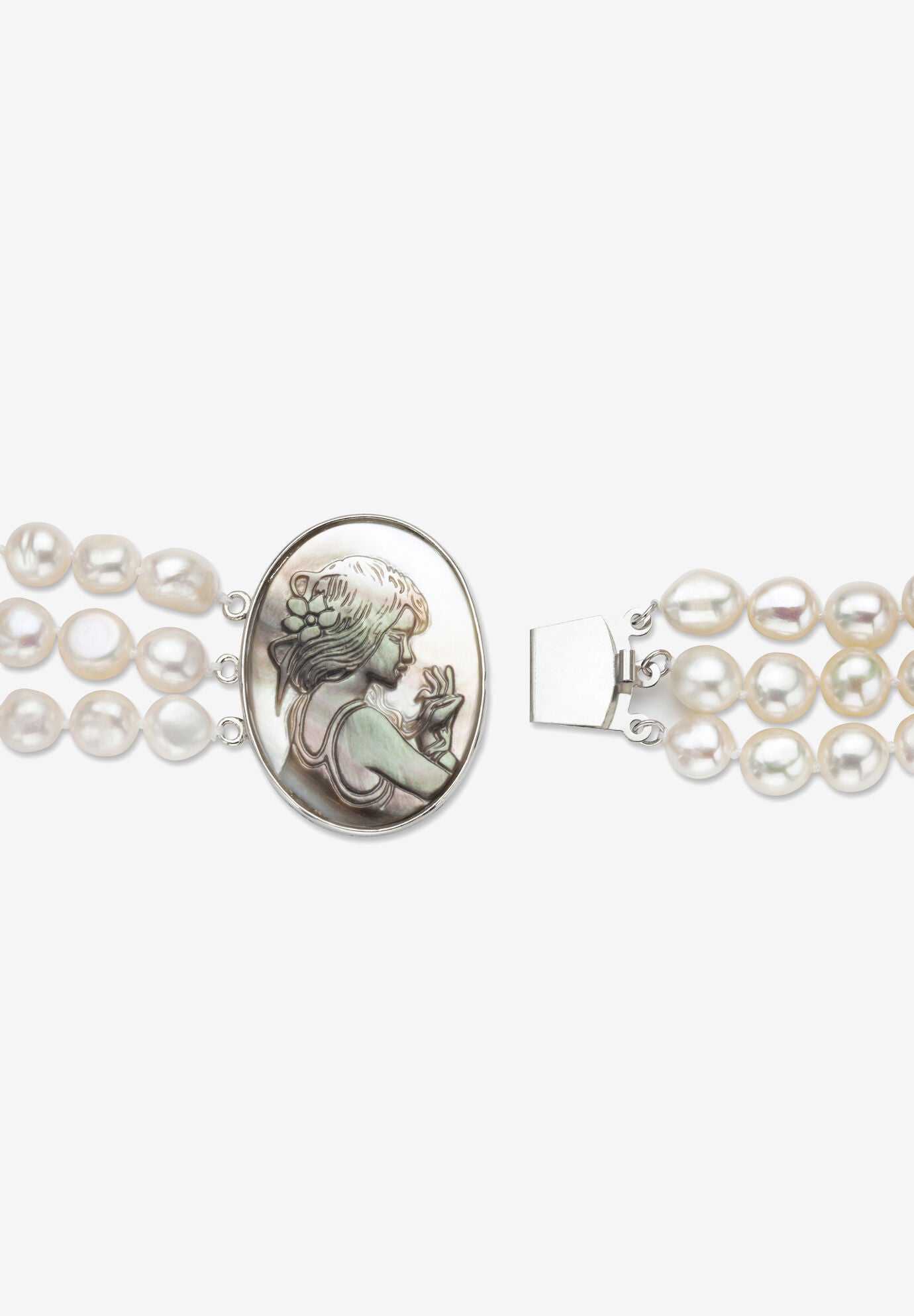 Genuine Freshwater Pearl Black Mother-Of-Pearl Cameo Necklace Silvertone 18 inches, , on-hover image number 1