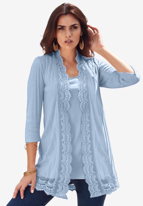 Crochet Trim Cardigan, PALE BLUE, hi-res image number null