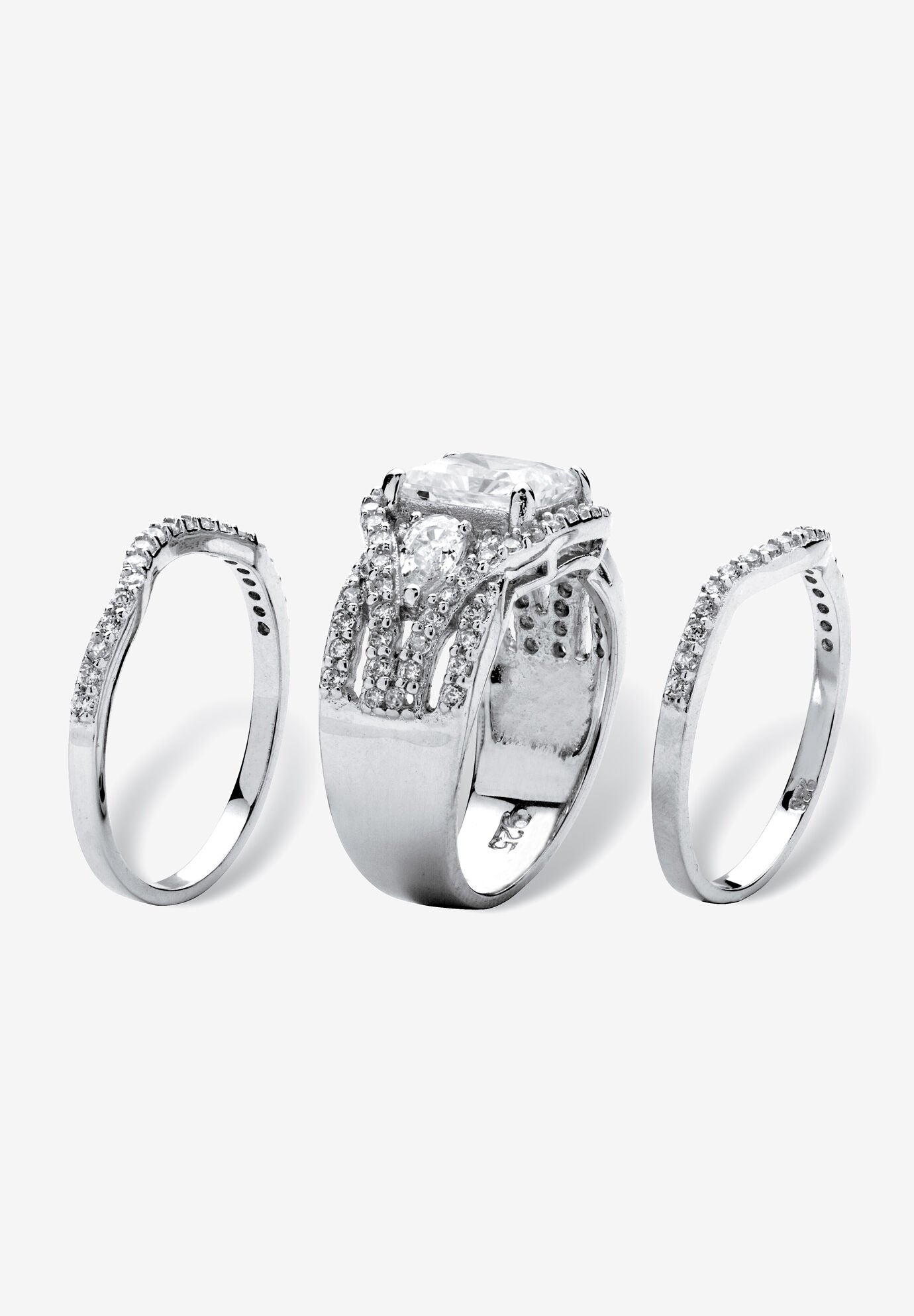 2.82 Tcw Cz Platinum-Plated Sterling Silver 3-Piece Highway Bridal Ring Set, , on-hover image number 1