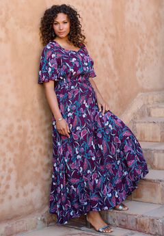 Hand-Crinkled Flutter-Sleeve Maxi Dress