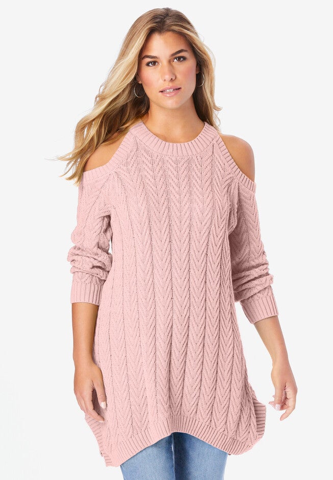 Cold-Shoulder Cable Knit Sweater, SOFT BLUSH, hi-res image number null