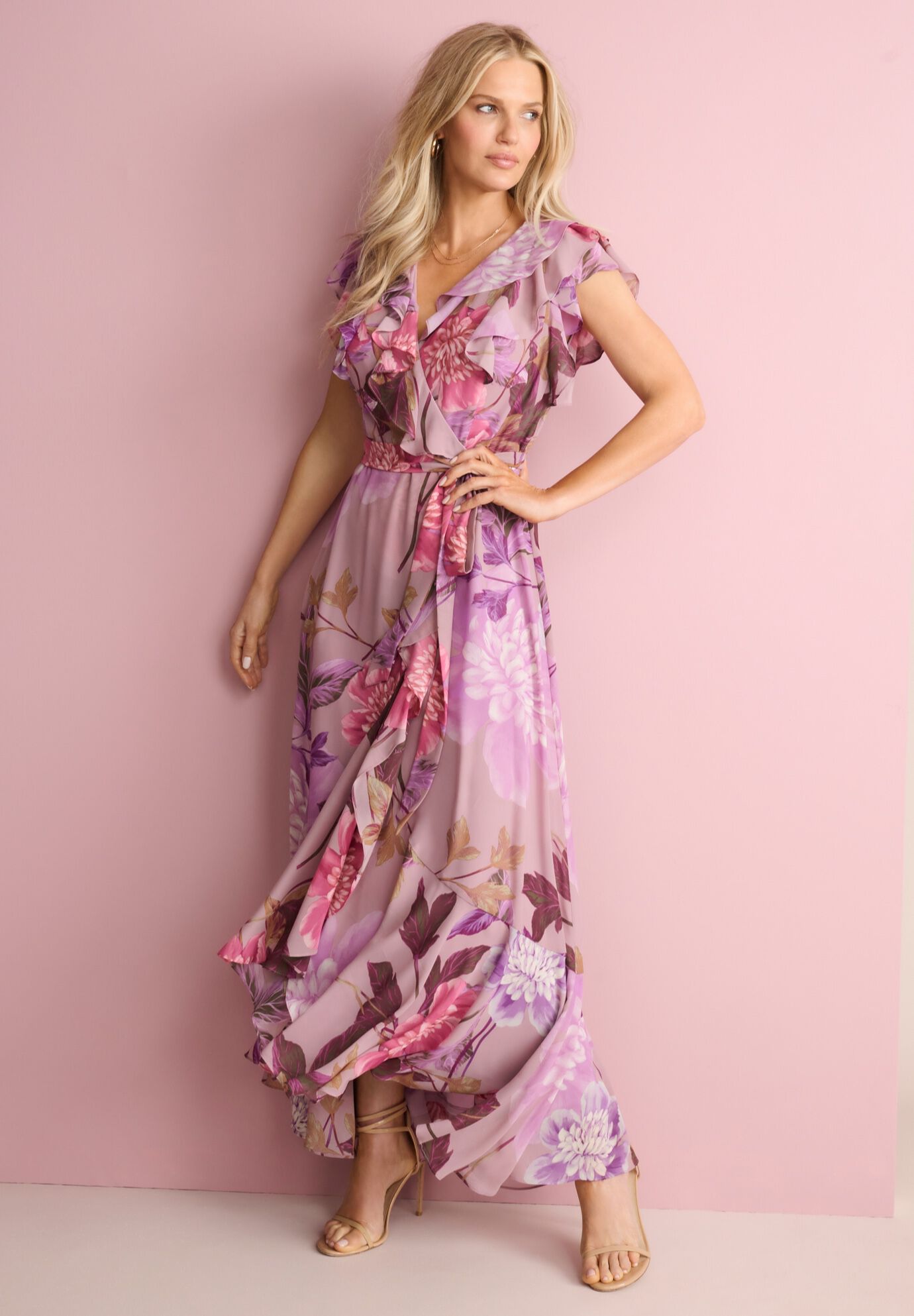 Ruffle Faux Wrap Maxi Dress, MAUVE MULTI, alternate image number 1