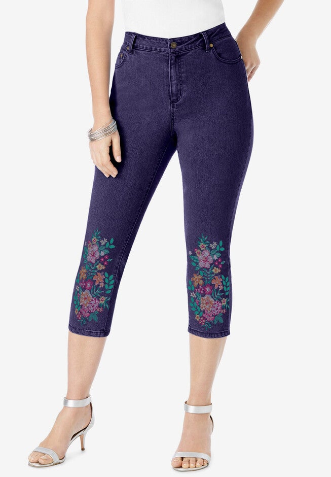 Floral Print Straight-Leg Capri Jean, DARK MULTI HIBISCUS, hi-res image number null