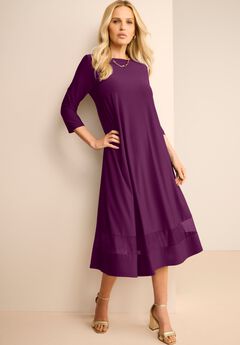 Plus Size 3/4 Sleeve Mesh Inset Boatneck Dress