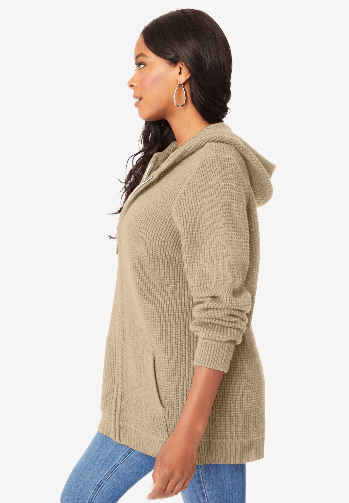 Plus Size Waffle Knit Zip-Front Relaxed Hoodie, SANDY BEIGE, alternate image number 3
