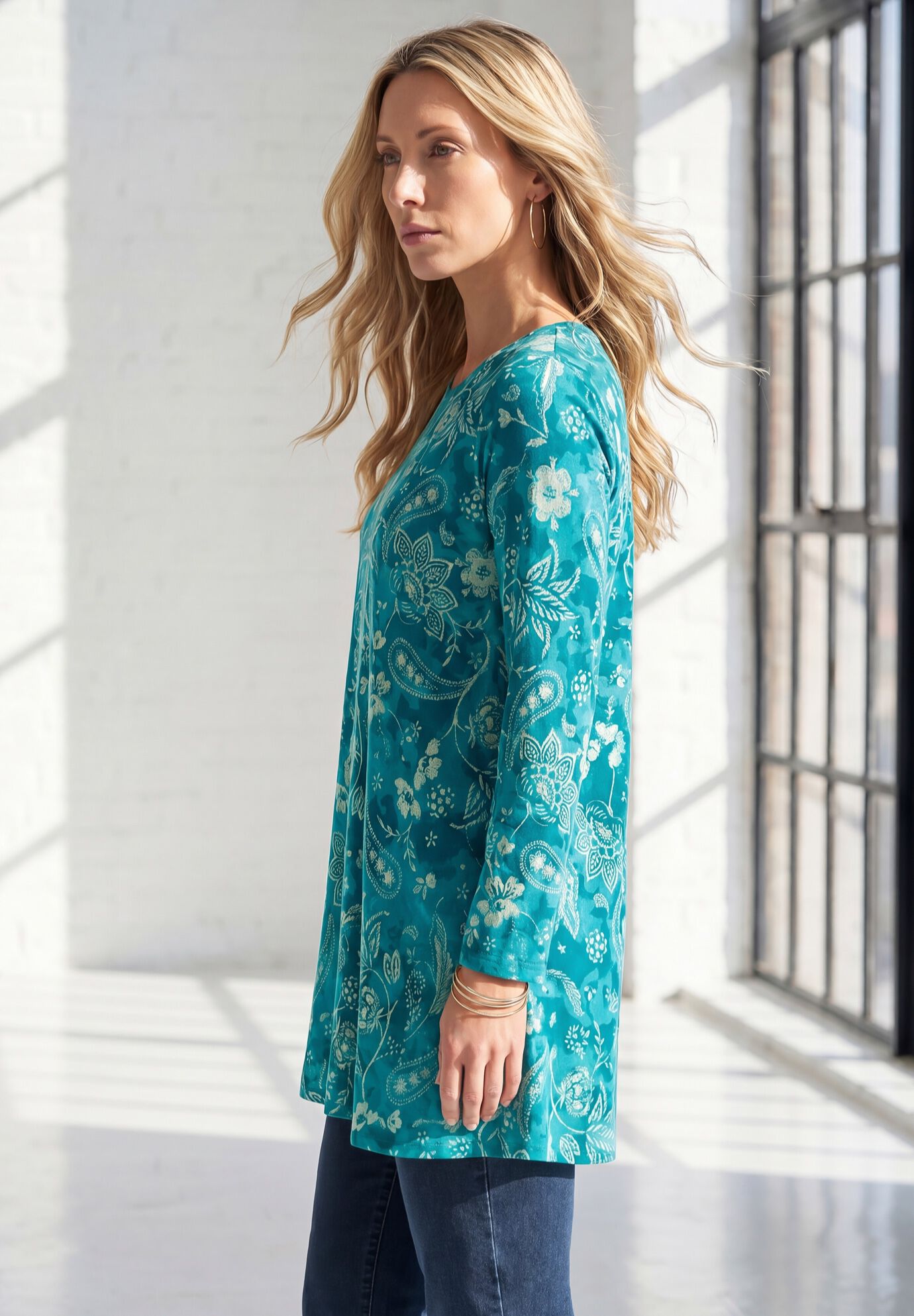 Ultimate Long Sleeve Crewneck Swing Tunic, DEEP TEAL PAISLEY TIE DYE, alternate image number 2