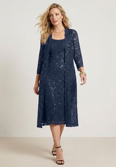 Plus Size 3/4 Sleeve Formal Duster Sequin – Embellished Lace Dress Set