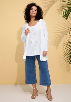 Plus Size Eyelet Long Sleeve Cardigan & Tank Set