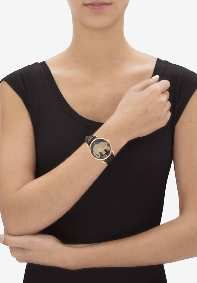 Gold Tone Grey and Black Elephant Watch With Black Faux Leather Strap 8 inches, , alternate image number 2