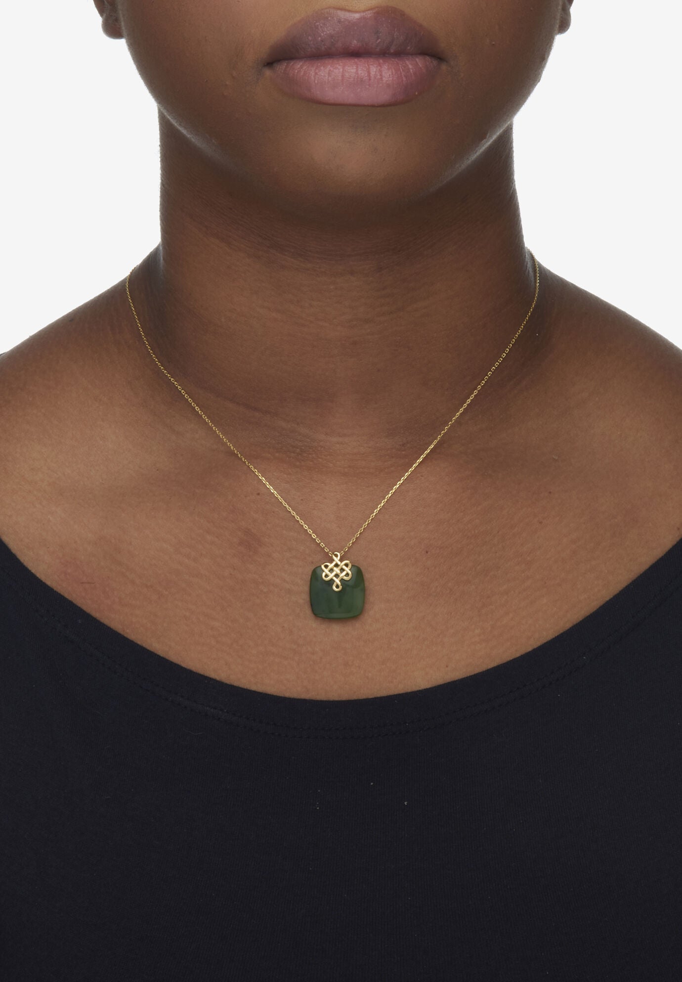 Cushion Cut Genuine Green Jade 18K Gold-Plated Pendant Necklace, 18 Inches, , alternate image number 2