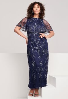 Extended Plus Beaded Capelet Maxi Gown – Glam Evening Dress