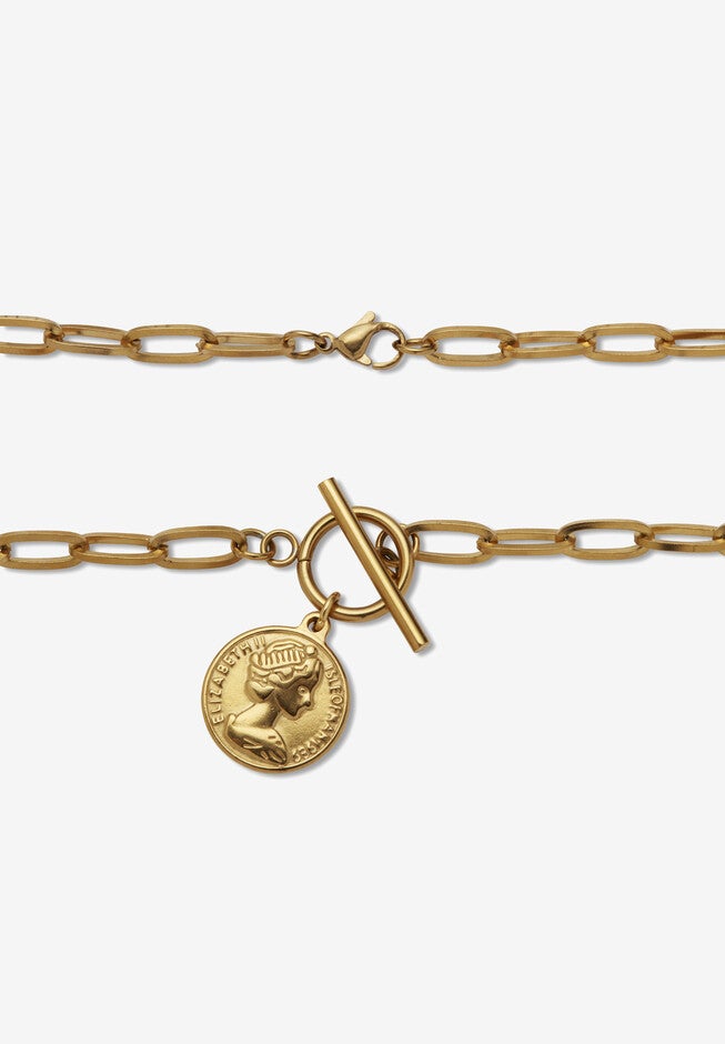 Paperclip Necklace Set Gold Ion-Plated Stainless Steel With Coin Pendant, , on-hover image number null