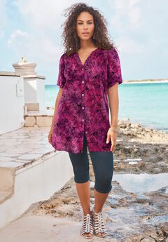 Plus Size Angelina Crinkle Crepe Y-Neck Short Sleeve Tunic
