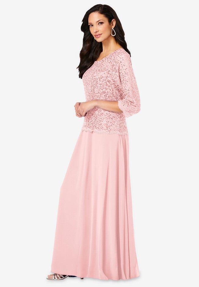 Plus Size Sparkle Lace Popover A-Line Gown with 3/4 Sleeves, PALE BLUSH, alternate image number 2