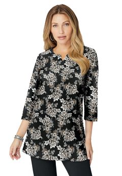 Plus Size Three-Quarter Sleeve Notch Neck Soft Knit Tunic
