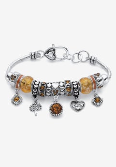 Antiqued Silvertone Simulated Birthstone 8" Charm Bracelet