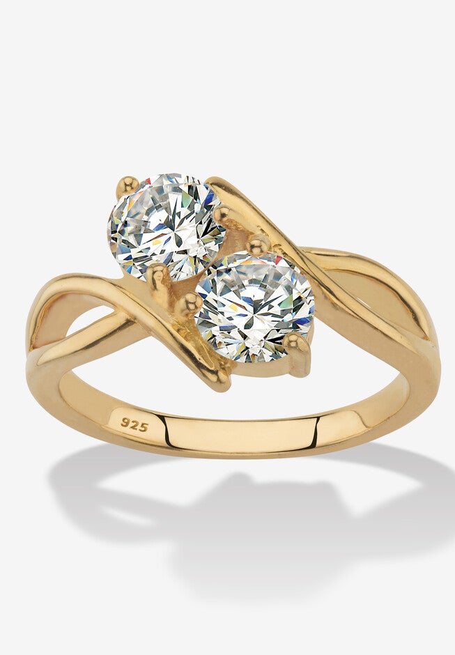 1.96 Cttw Cubic Zirconia 14K Gold-Plated Sterling Silver 2-Stone Bypass Ring, GOLD, hi-res image number 0