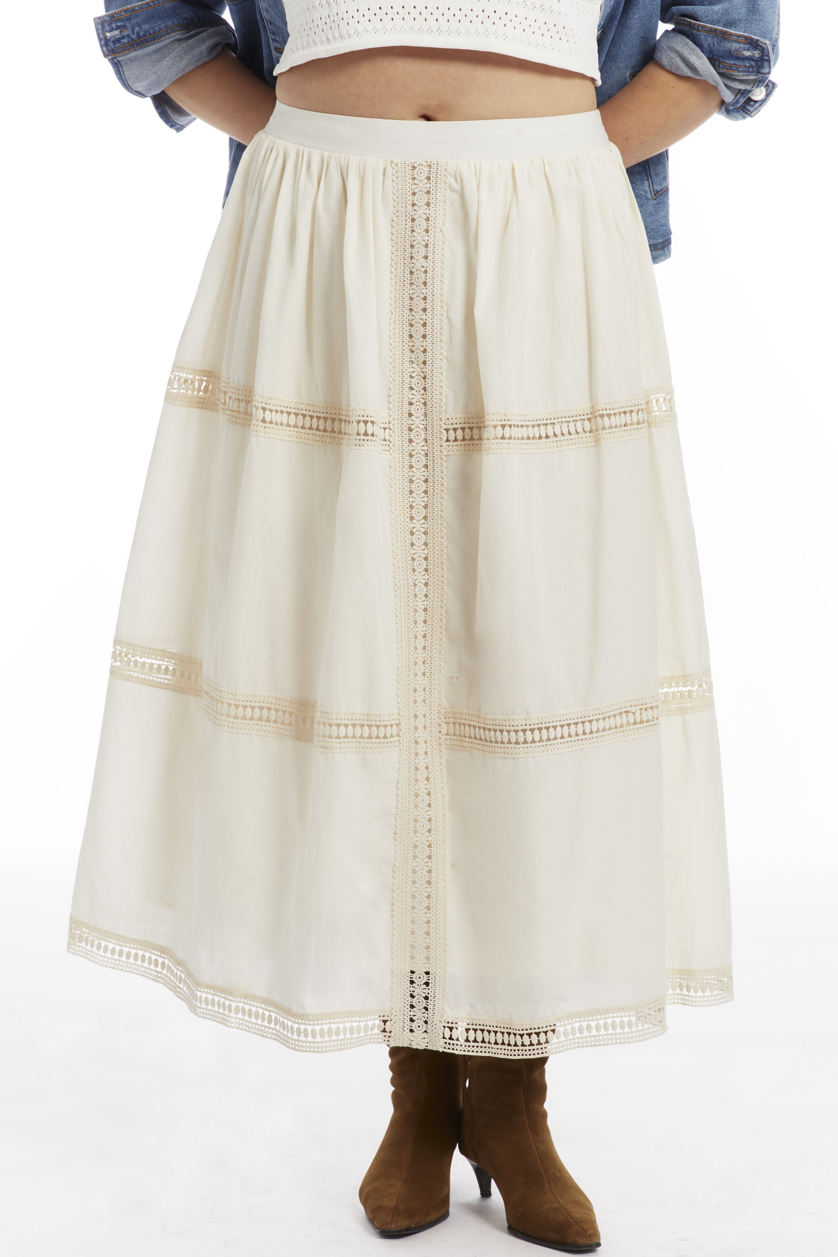 Lace Insert Midi Skirt, WARM CREAM, on-hover image number 1