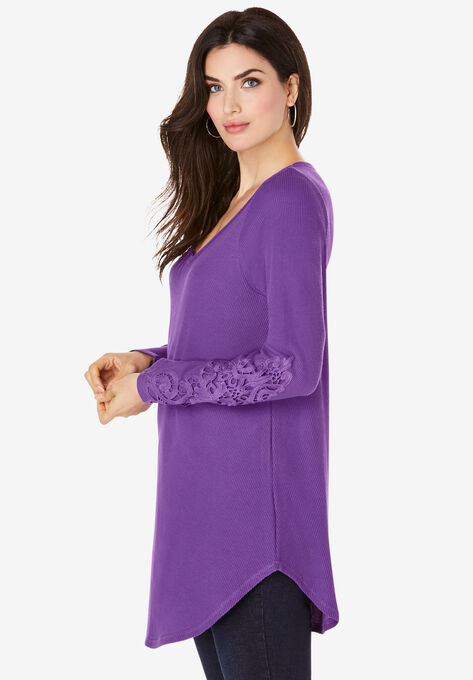 V-Neck Lace-Sleeve Thermal Tunic, , alternate image number null
