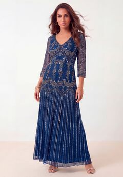Plus Size Beaded V-Neck 3/4 Sleeve Sleeve Maxi Gown