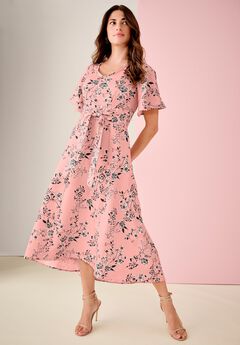 Plus Size Flutter Sleeve V-Neck Fit and Flare Bi-stretch Maxi Dress