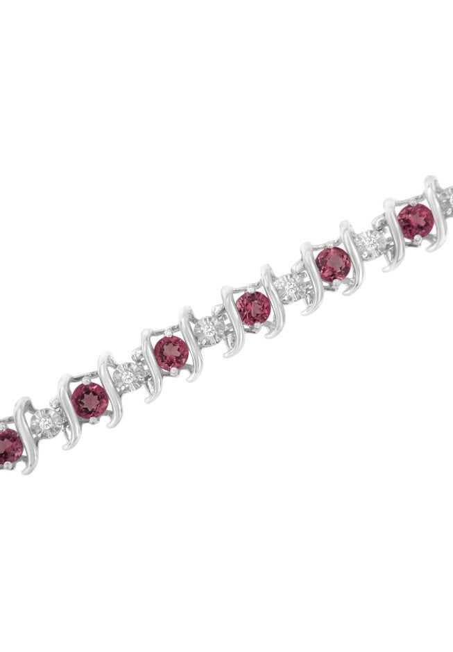Sterling Silver Gemstone & Round Diamond Tennis Bracelet Pink Tourmaline October Birthstone, , alternate image number null