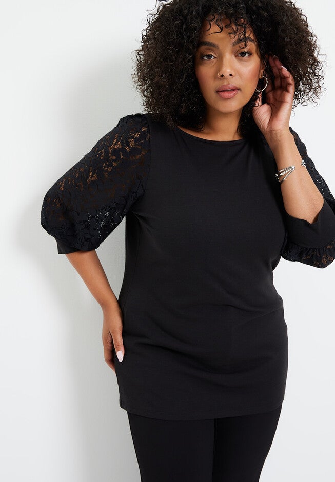 Lace-Trim Boatneck Top, , alternate image number null