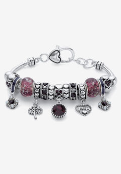 Antiqued Silvertone Simulated Birthstone 8" Charm Bracelet