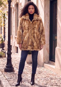 Plus Size Mid-Length Hooded Faux Fur Coat