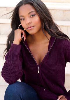 Plus Size Waffle Knit Zip-Front Relaxed Hoodie