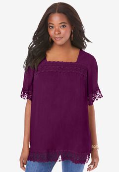 Embroidered Lace Crinkle Top