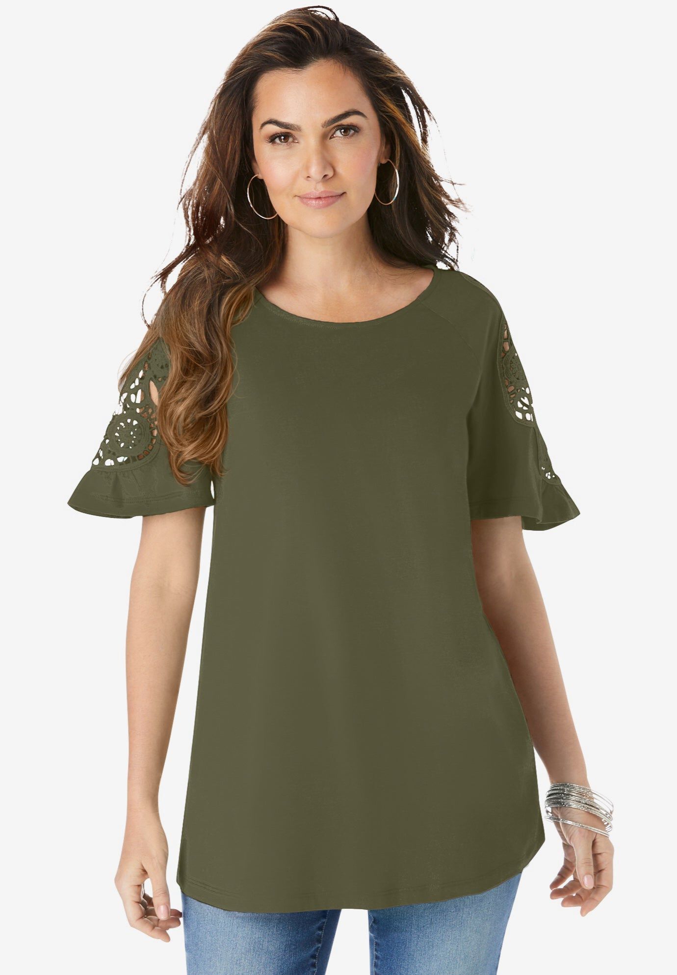 Roaman's Women's Plus Size Lace-Sleeve Tee - Picture 8 of 11