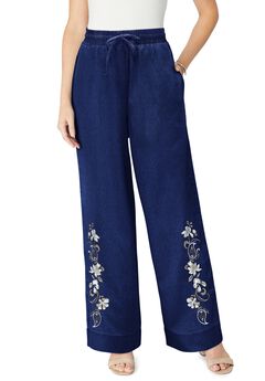 Embroidered Pull-On Wide-Leg Chambray Pant