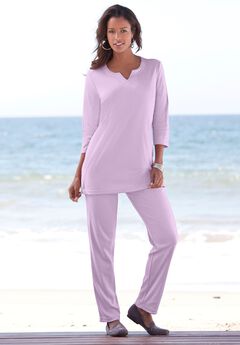 Plus Size Three-Quarter Sleeve Notch Neck Soft Knit Tunic