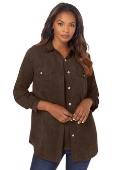 Extended Plus Size Faux Suede Button-Front Shirt