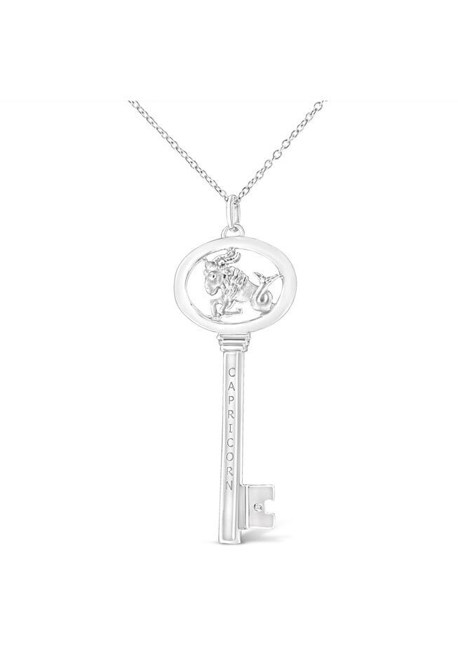 Sterling Silver Diamond Accent Capricorn Zodiac Key Pendant Necklace, WHITE, hi-res image number null