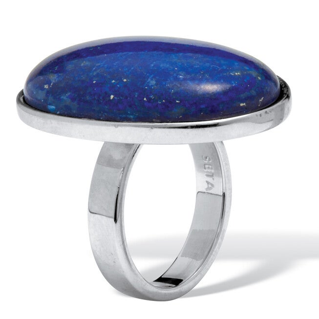 Oval Genuine Blue Lapis Platinum-Plated Ring, BLUE, on-hover image number null