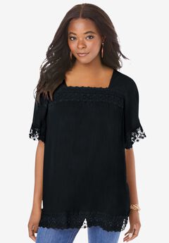 Embroidered Lace Crinkle Top