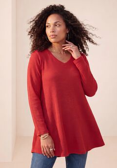 Plus Size Knit Thermal V Neck Swing Tunic – Long Sleeve