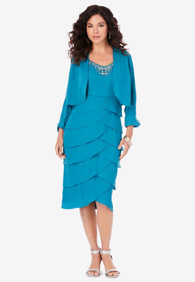 Beaded Tier Jacket Dress, DEEP TEAL, hi-res image number 0