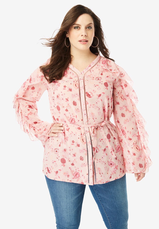 Ruffle-Sleeve Tunic with Tie Waist, BLUSH MULTI FLORAL, hi-res image number null