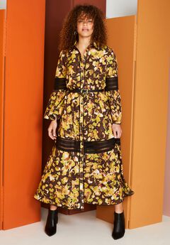 Lace-Panelled Midi Shirt Dress