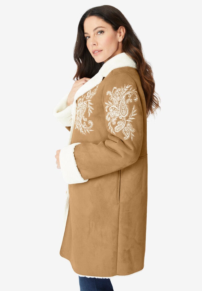 Embroidered Faux Shearling Coat., , alternate image number null
